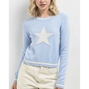 NWOT Cali 1850 LA Womens Cotton Knit Sweater Blue White Star Sz Med Y2K Preppy